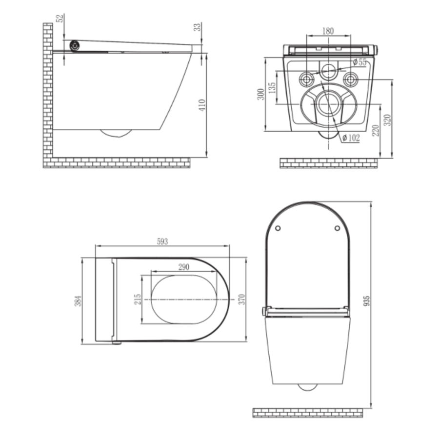 Matt Black Wall Hung Smart Bidet Japanese Toilet, White Glass Cabinet, Frame, Cistern & Pneumatic Dual Flush Button - Purificare
