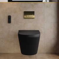 Matt Black Wall Hung Smart Bidet Japanese Toilet & 820mm Frame Cistern with Brushed Brass Pneumatic Flush Plate - Purificare