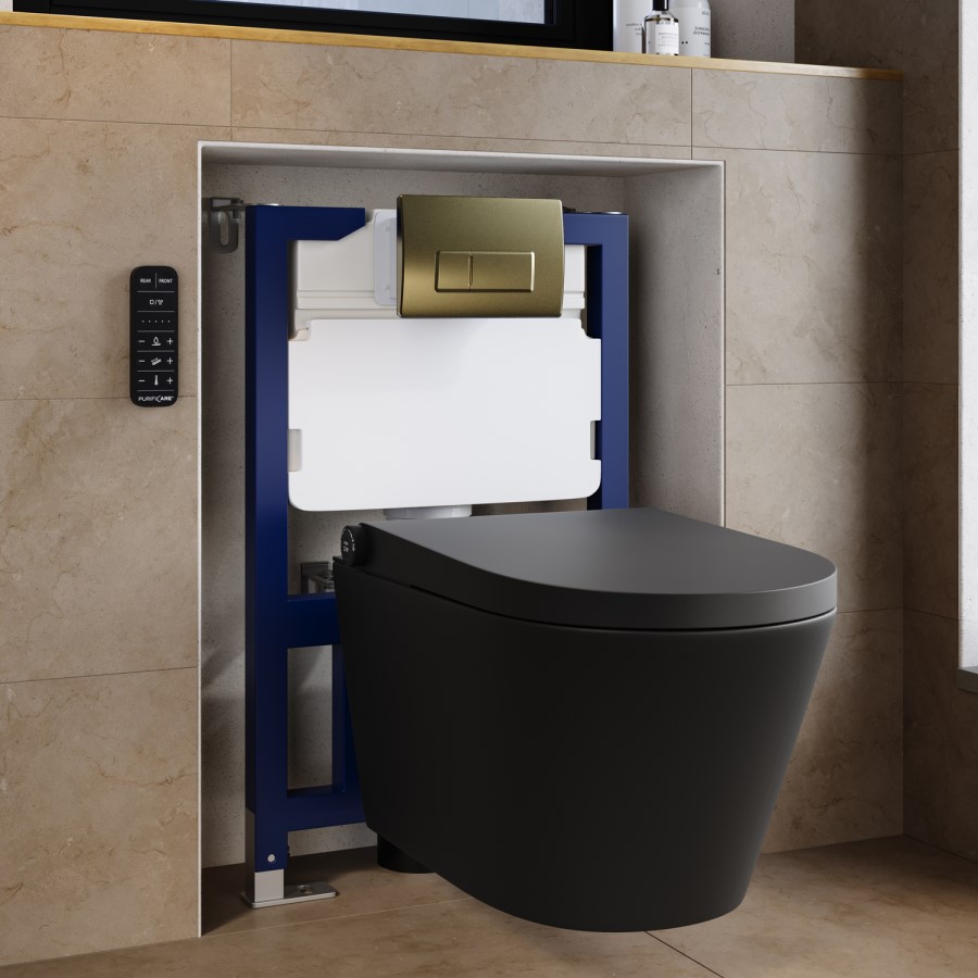 Matt Black Wall Hung Smart Bidet Japanese Toilet & 820mm Frame Cistern with Brushed Brass Pneumatic Flush Plate - Purificare