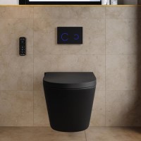 Matt Black Wall Hung Smart Bidet Japanese Toilet & 820mm Frame Cistern with Black Glass Sensor Pneumatic Flush Plate - Purificare