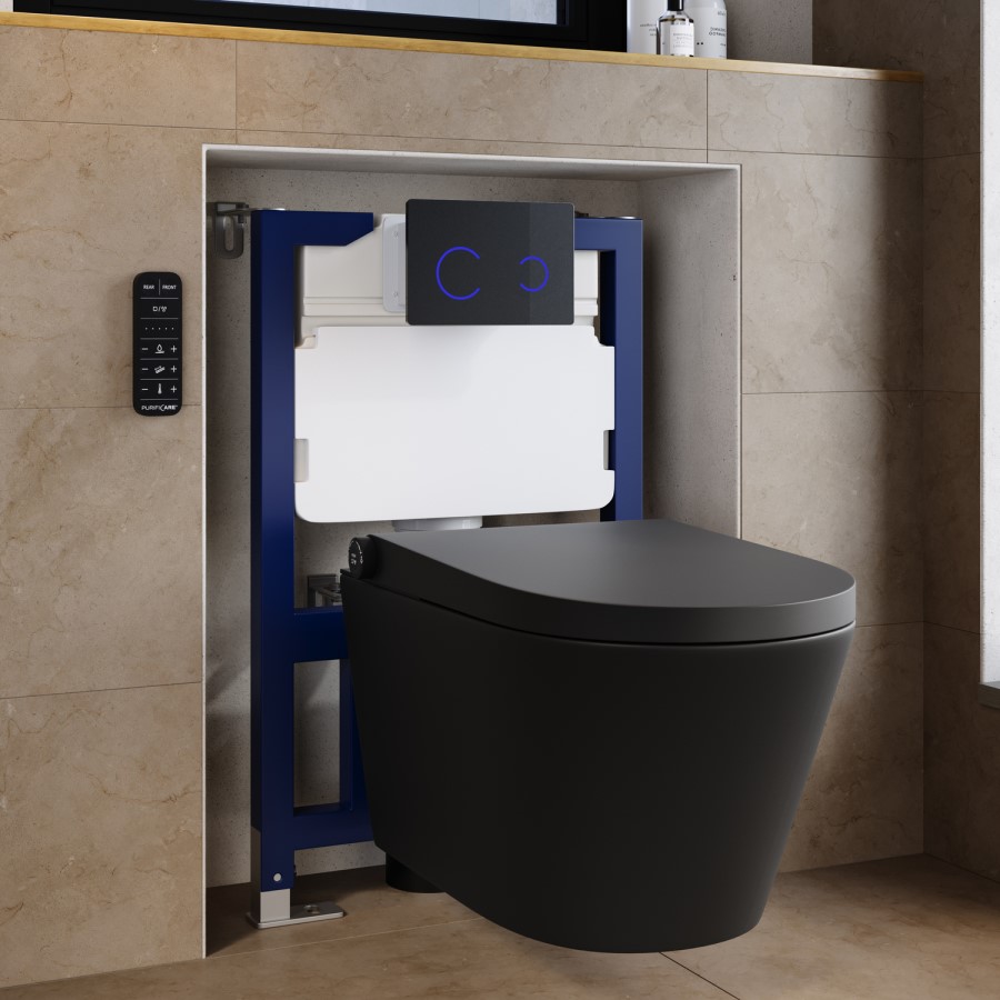 Matt Black Wall Hung Smart Bidet Japanese Toilet & 820mm Frame Cistern with Black Glass Sensor Pneumatic Flush Plate - Purificare