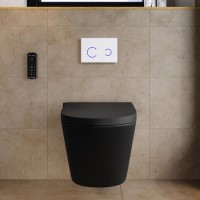 Matt Black Wall Hung Smart Bidet Japanese Toilet & 820mm Frame Cistern with White Glass Sensor Pneumatic Flush Plate - Purificare