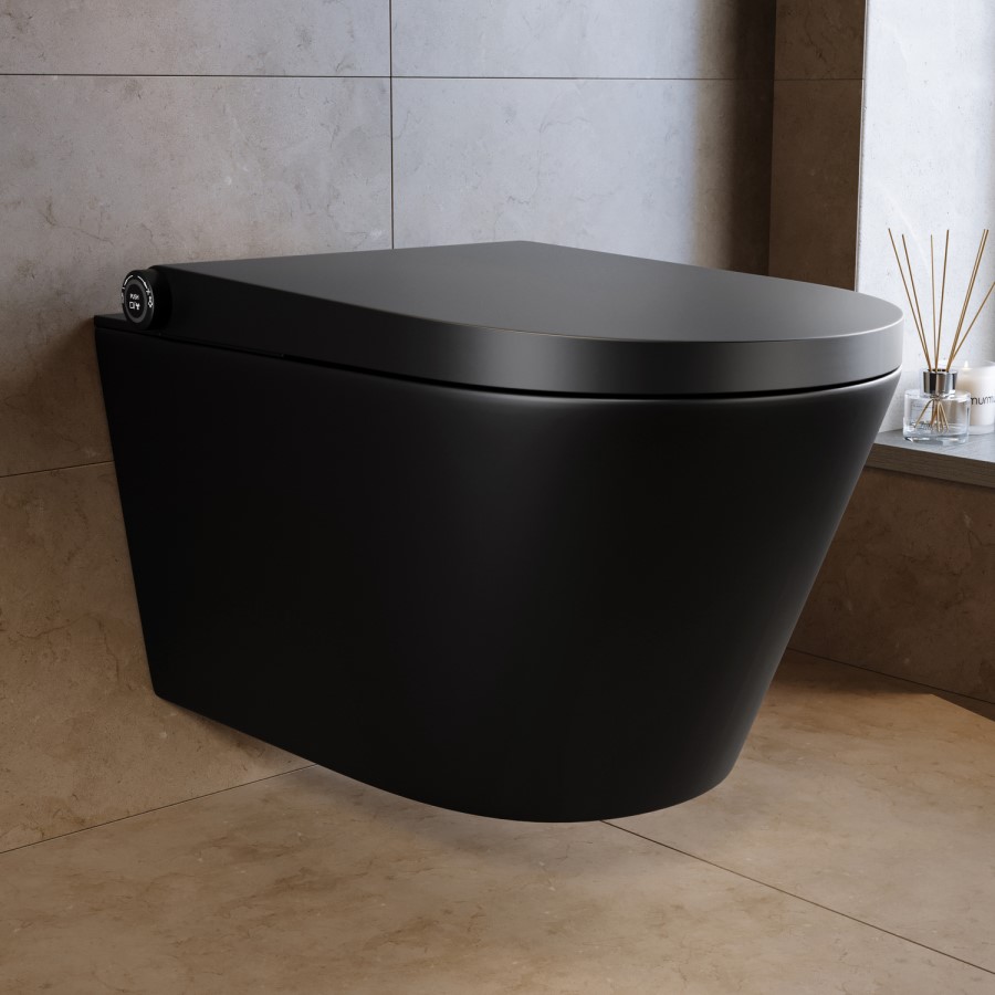 Matt Black Wall Hung Smart Bidet Japanese Toilet & 1160mm Frame Cistern and Matt Black Mechanical Flush Plate - Purificare