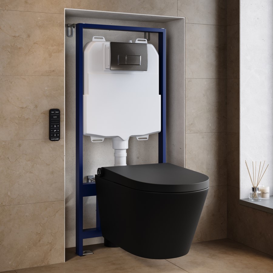 Matt Black Wall Hung Smart Bidet Japanese Toilet & 1160mm Frame Cistern with Polished Chrome  Pneumatic Flush Plate - Purificare