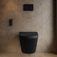 Matt Black Wall Hung Smart Bidet Japanese Toilet & 1160mm Frame Cistern with Black Glass Sensor Pneumatic Flush Plate - Purificare