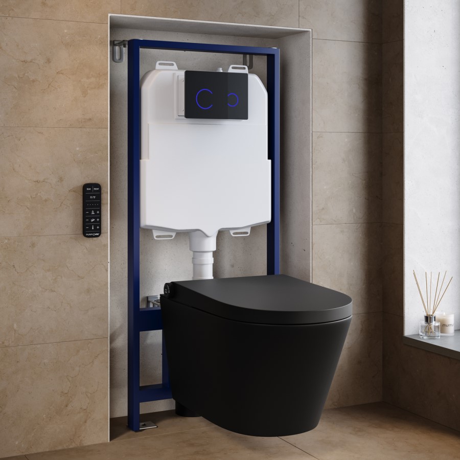 Matt Black Wall Hung Smart Bidet Japanese Toilet & 1160mm Frame Cistern with Black Glass Sensor Pneumatic Flush Plate - Purificare