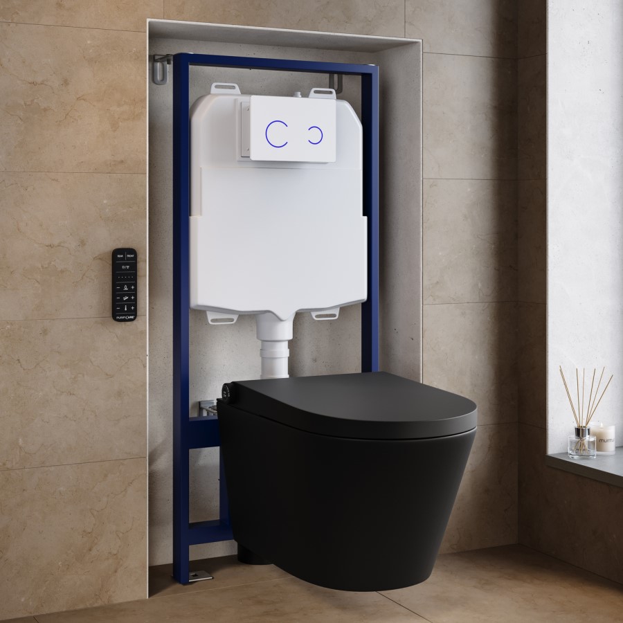 Matt Black Wall Hung Smart Bidet Japanese Toilet & 820mm Frame Cistern with Brushed Bronze Pneumatic Flush Plate - Purificare