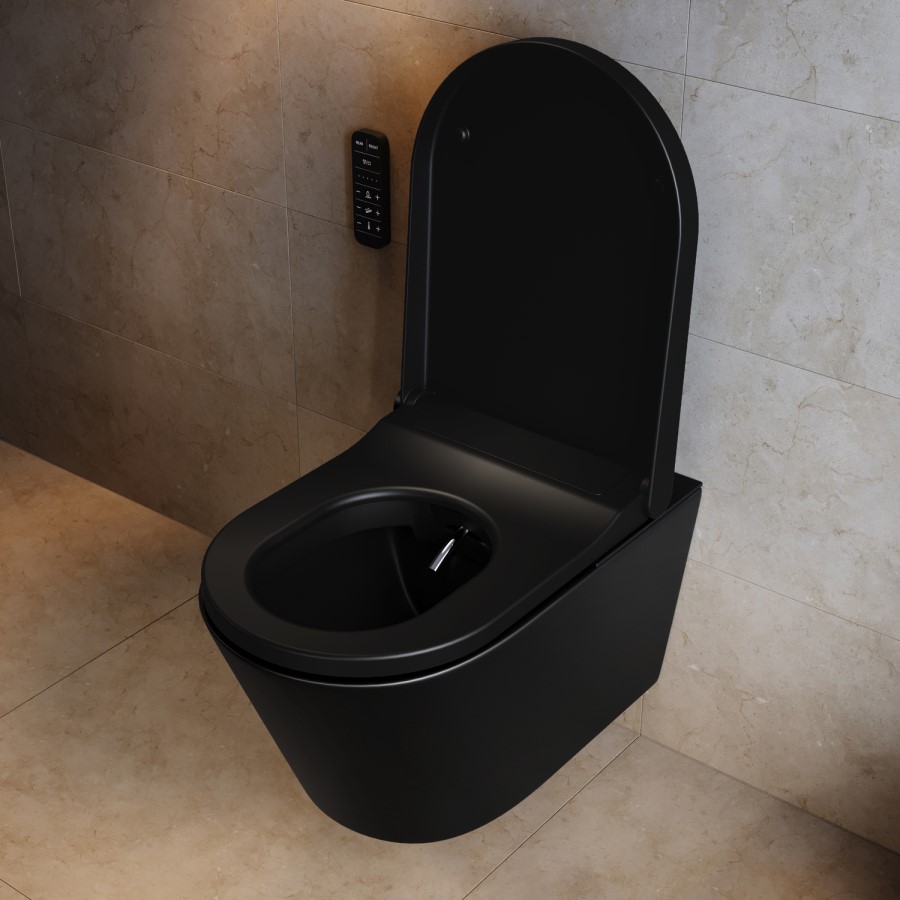 Matt Black Wall Hung Smart Bidet Japanese Toilet & 820mm Frame Cistern with Brushed Bronze Pneumatic Flush Plate - Purificare