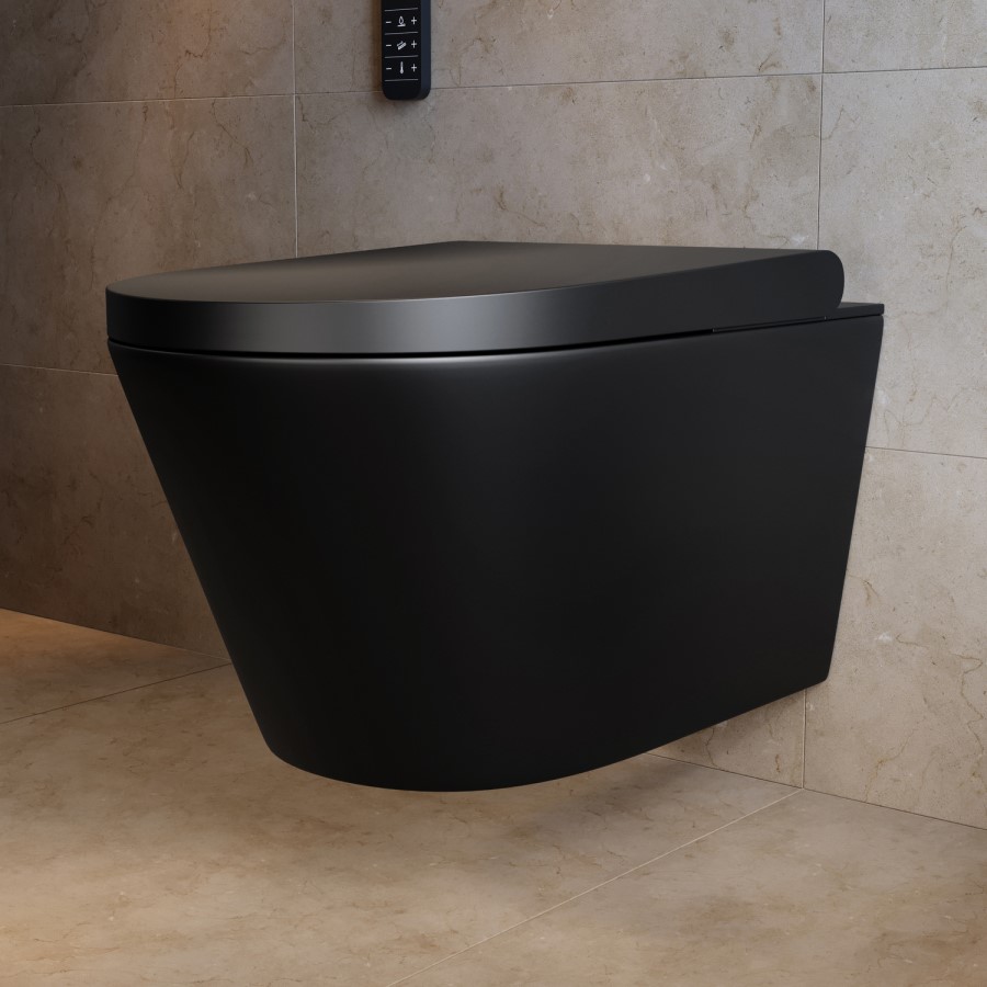 Matt Black Wall Hung Smart Bidet Japanese Toilet & Grohe Frame, Cistern and Black Flush Plate - Purificare
