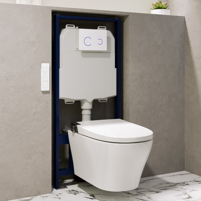 Wall Hung Smart Bidet Round Toilet with Heated Seat & 1160mm Frame Cistern and White Sensor Flush Plate - Purificare