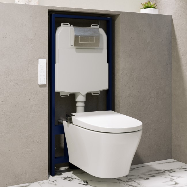 Wall Hung Smart Bidet Round Toilet with Heated Seat & 1160mm Frame Cistern and Chrome Pneumatic Flush Plate - Purificare