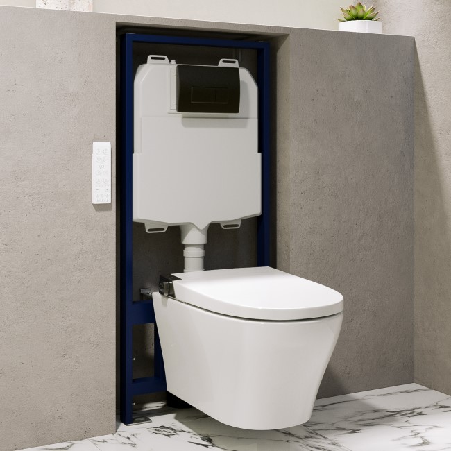 Wall Hung Smart Bidet Round Toilet with Heated Seat & 1160mm Frame Cistern and Black Pneumatic Flush Plate - Purificare