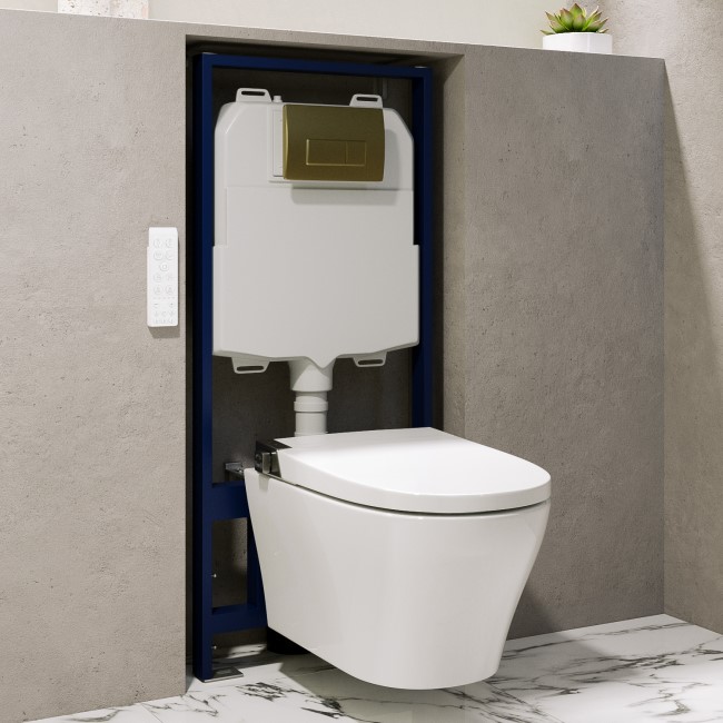 Wall Hung Smart Bidet Round Toilet with Heated Seat & 1160mm Frame Cistern and Brass Pneumatic Flush Plate - Purificare