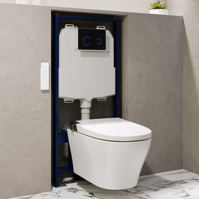 Wall Hung Smart Bidet Round Toilet with Heated Seat & 1160mm Frame Cistern and Black Sensor Flush Plate - Purificare