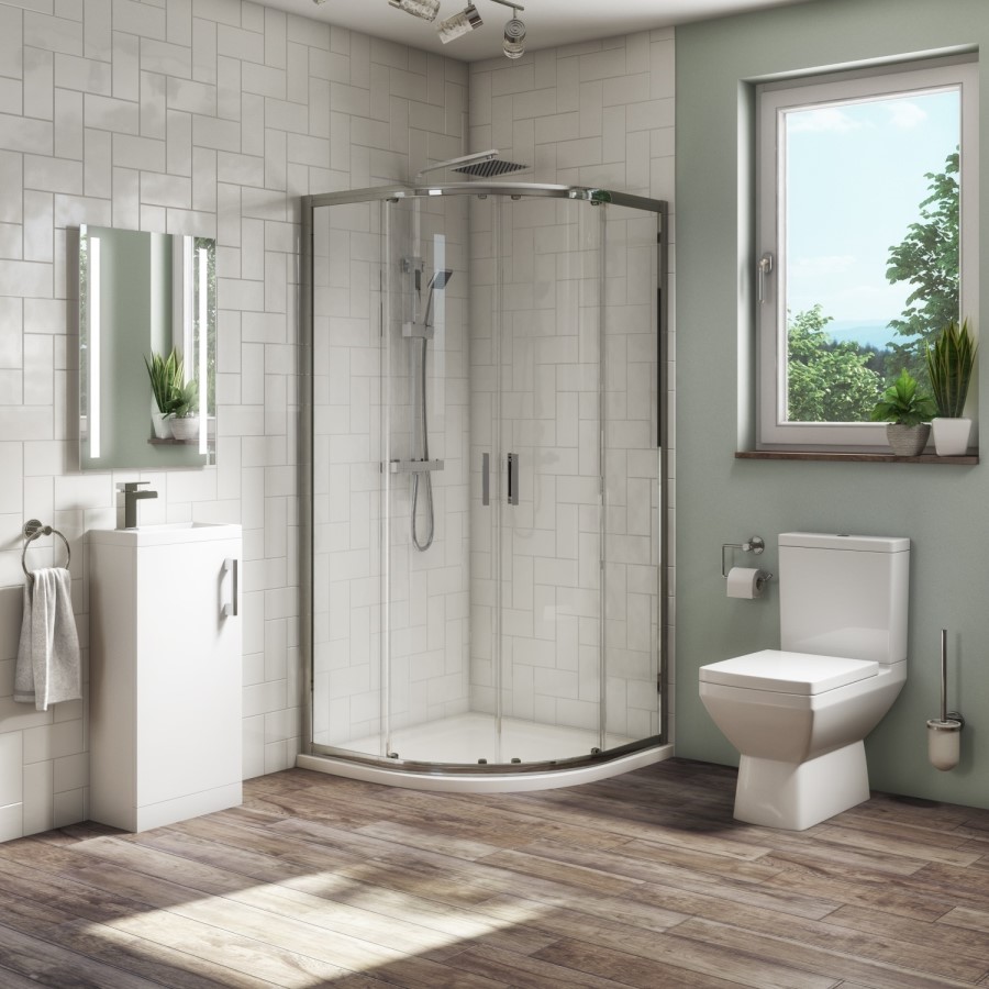 900 x 900mm Quadrant Shower Suite with 400mm White Vanity Unit  Toilet & Tray - Ashford