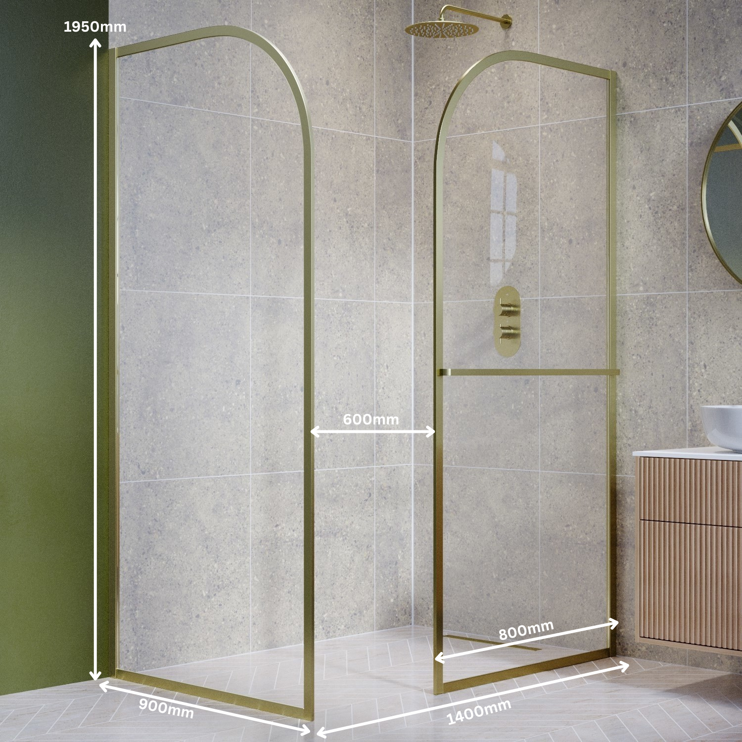 Shower Screen Rack 1400x900mm Brushed Brass Curved Glass Wet Room Shower Screen Enclosure ...