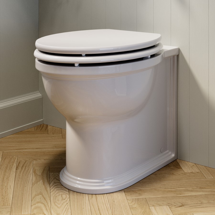 Back to Wall Rimless Toilet and Wooden Soft Close Seat with Chrome Hinges - Ripley