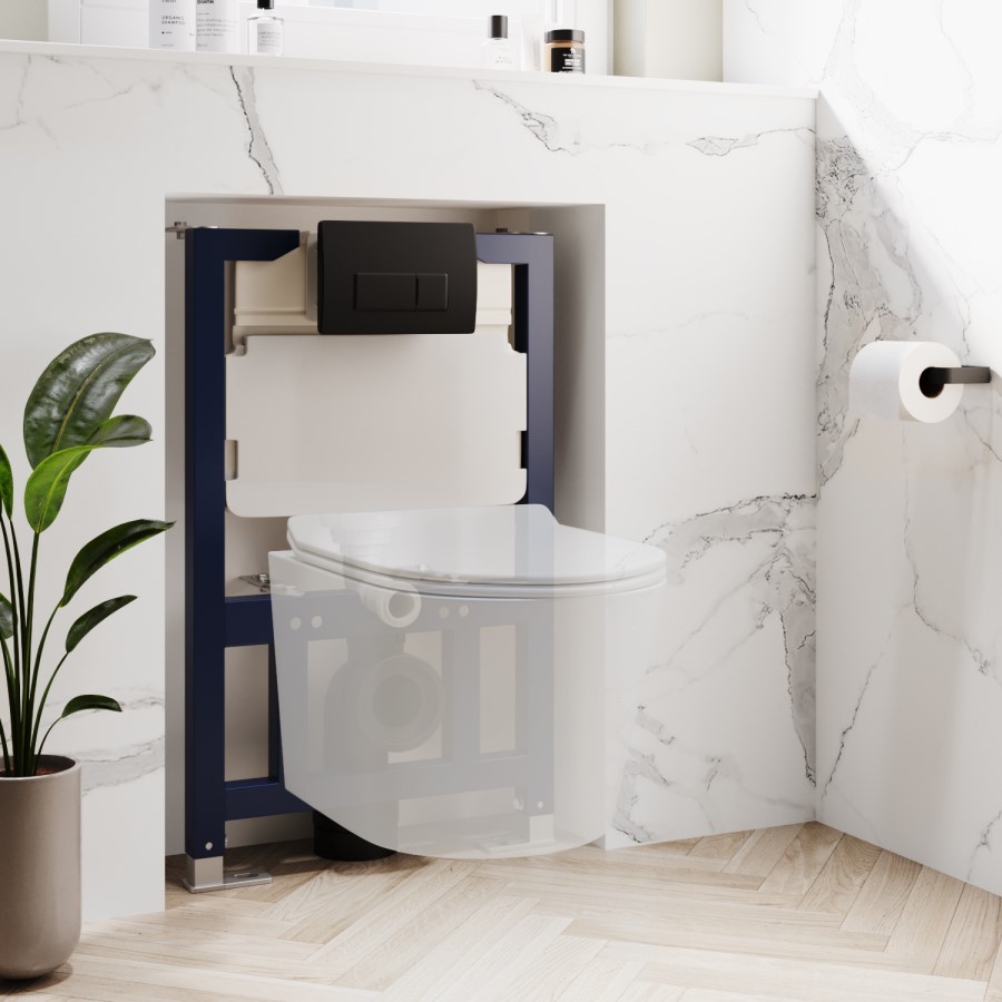 Grade A1 - Concealed Cistern 820mm Wall Hung Toilet Frame with Pneumatic Flush Plate in Matt Black - Elira