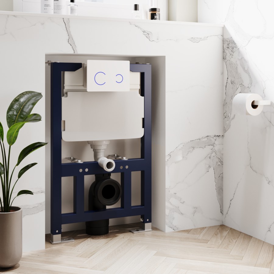 White Wall Hung Toilet with Soft Close Seat, White Glass Sensor Pneumatic Flush Plate, 820mm Frame & Cistern - Roma
