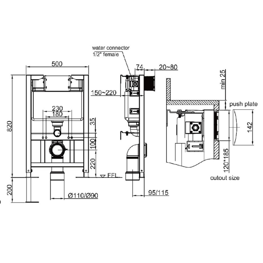 White Wall Hung Toilet with Soft Close Seat, White Glass Sensor Pneumatic Flush Plate, 820mm Frame & Cistern - Roma