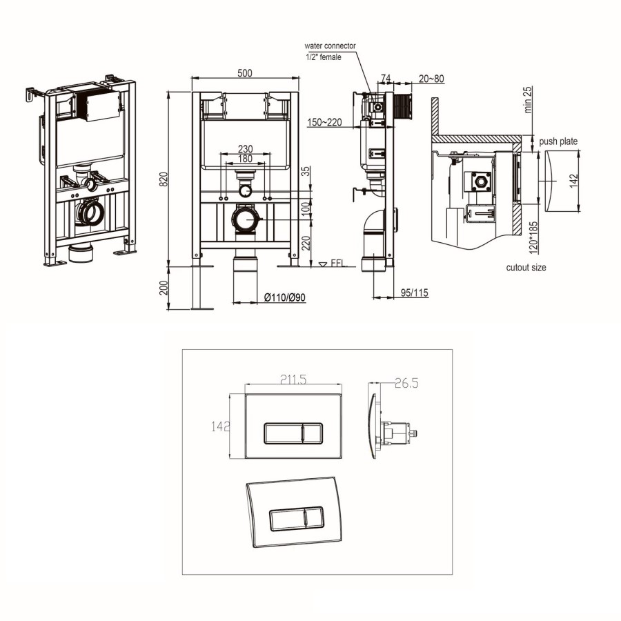 White Wall Hung Toilet with Soft Close Seat, White Glass Sensor Pneumatic Flush Plate, 820mm Frame & Cistern - Roma