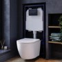 White Wall Hung Toilet with Soft Close Seat, Black Pneumatic Flush Plate, 1170mm Frame & Cistern - Roma