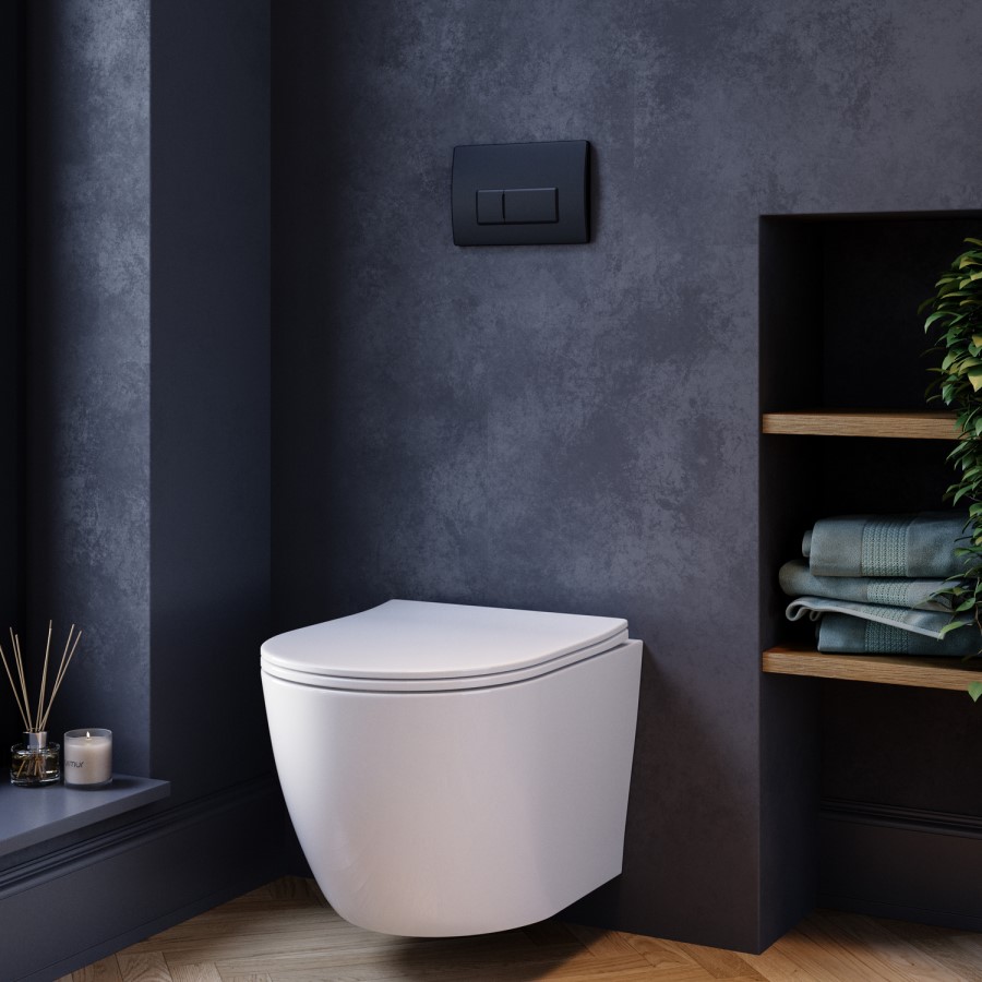 White Wall Hung Toilet with Soft Close Seat, Black Pneumatic Flush Plate, 1170mm Frame & Cistern - Roma