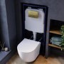 Wall Hung Rimless Toilet with Soft Close Seat, Brushed Brass Pneumatic Flush Plate, 1168mm Frame & Cistern – Roma