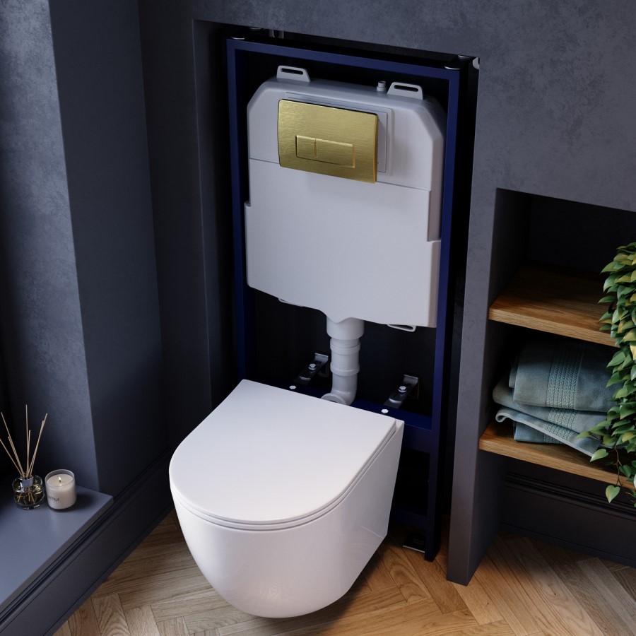 Wall Hung Rimless Toilet with Soft Close Seat, Brushed Brass Pneumatic Flush Plate, 1168mm Frame & Cistern – Roma
