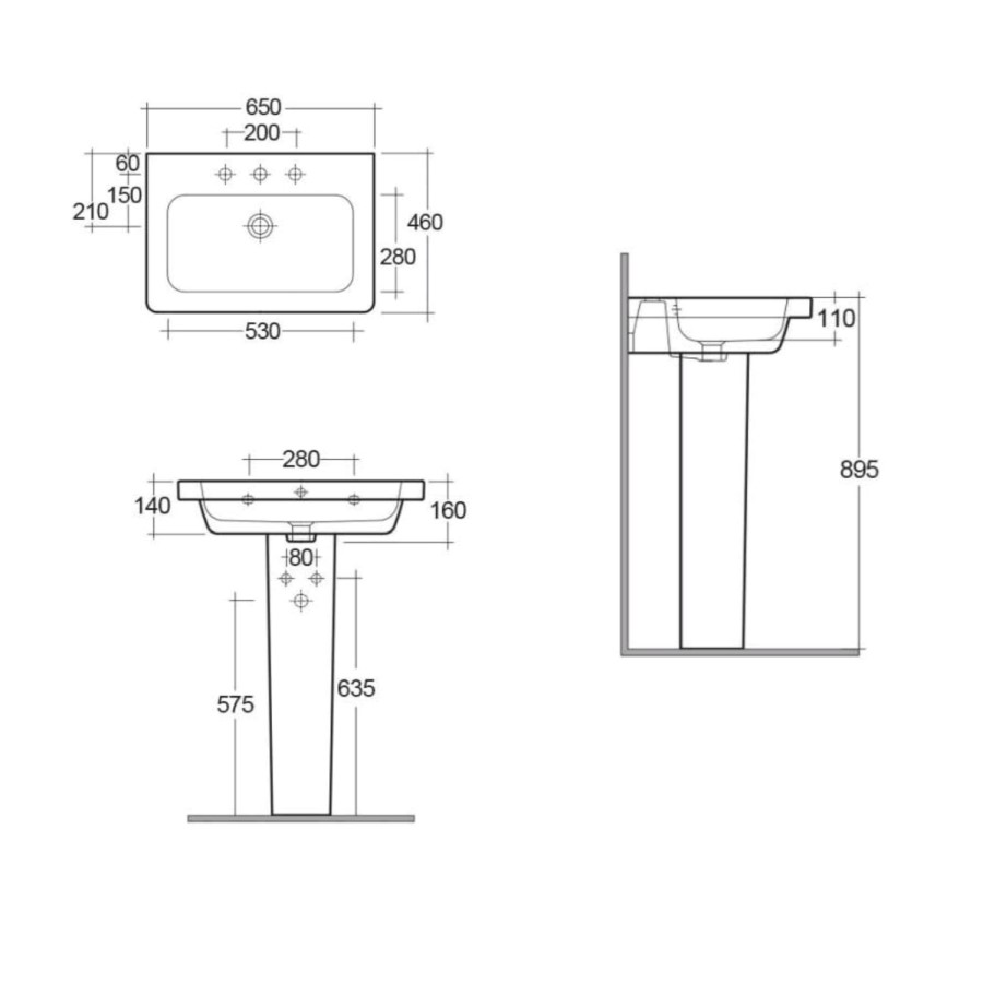 Rak Ceramics Rectangular Pedestal Basin 650mm