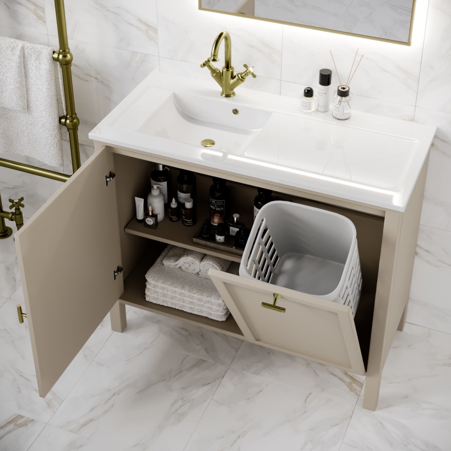 1000mm Beige Freestanding Vanity Unit with Basin and Laundry Hamper - Sofia