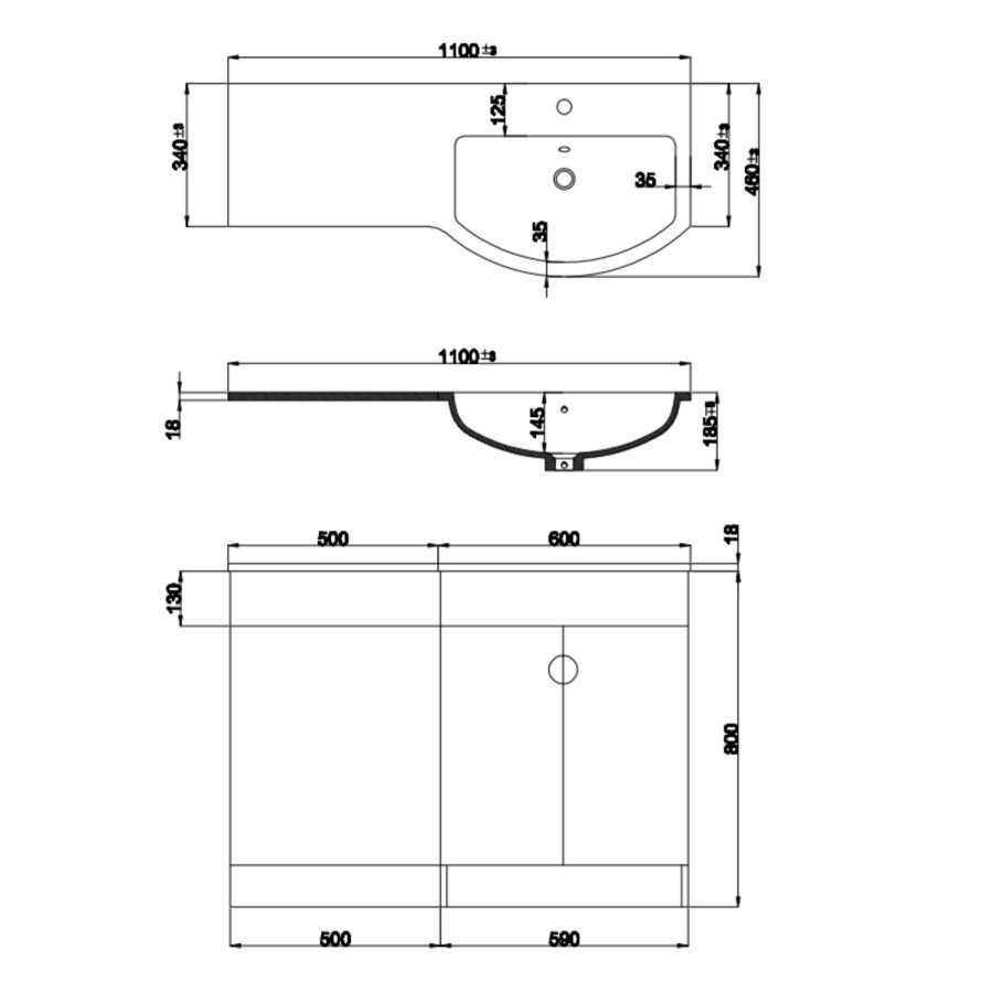 1100mm White Toilet and Sink Unit Right Hand - Elm