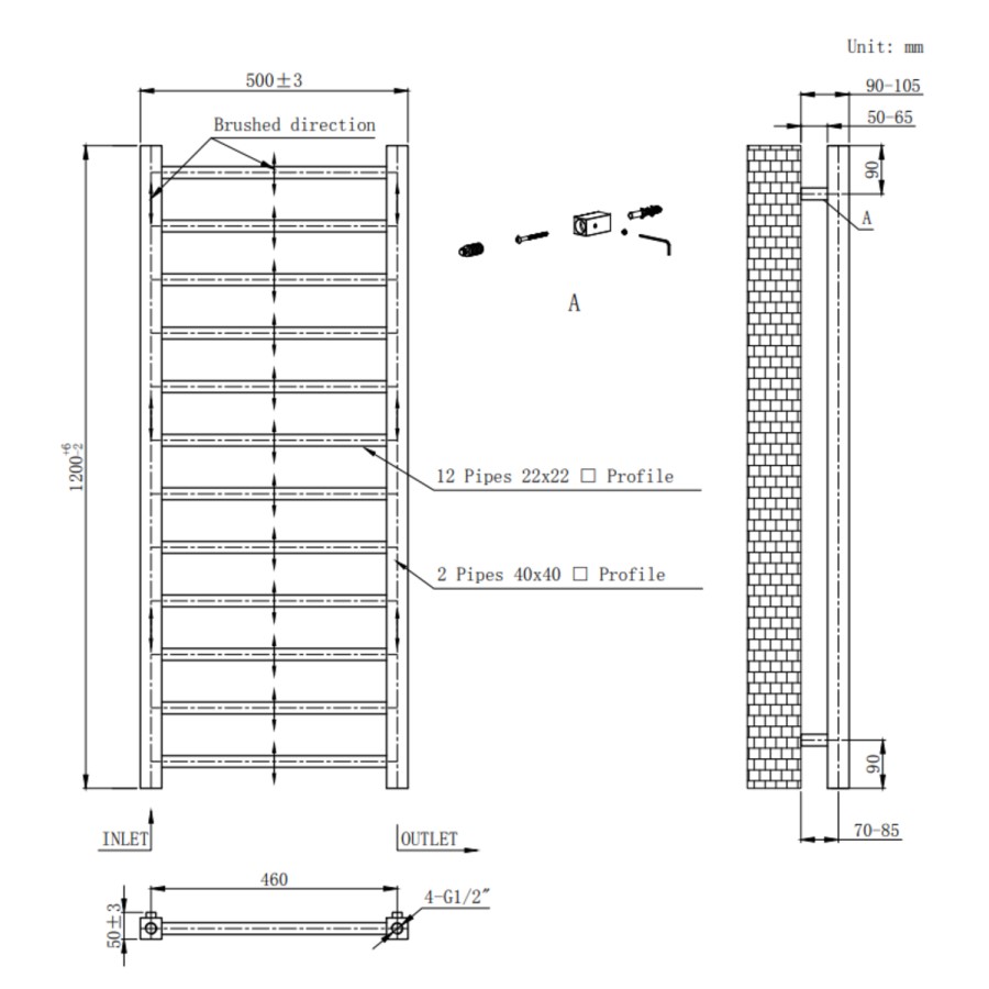 Gunmetal Grey Towel Radiator 1200 x 500mm with Pipe Kit and Straight Valves - Sonoran