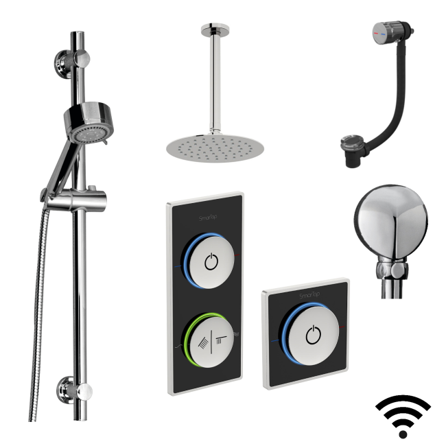 SmarTap Black Smart Shower System with Slider Kit and Ceiling Shower Set and Bath Set