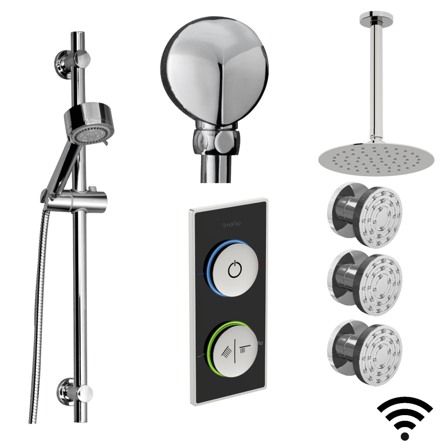 SmarTap Black Shower System with Slider Kit Ceiling Shower and Body Jets