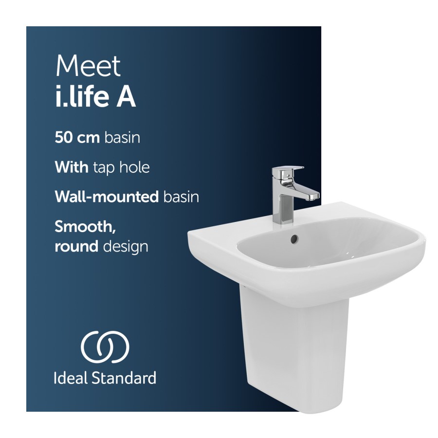 Ideal Standard i.Life A 1 Tap Hole Semi Pedestal Basin 500mm