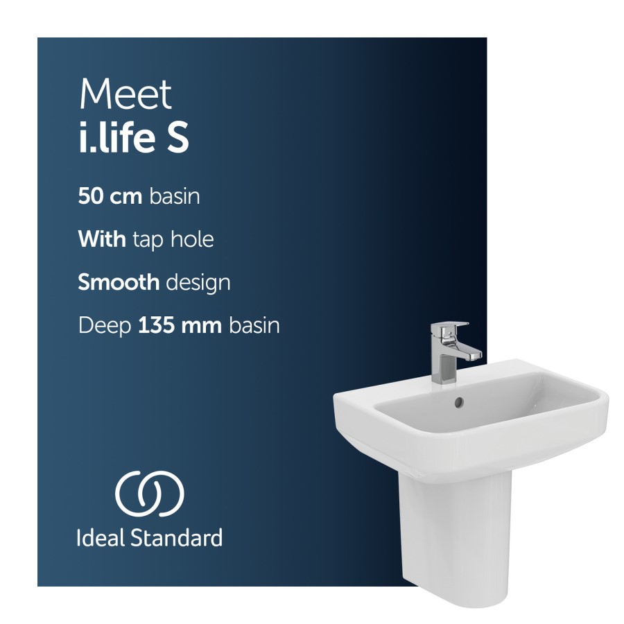 Ideal Standard i.Life S Compact 1 Tap Hole Semi Pedestal Basin 500mm