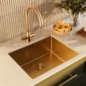 BUN/TAMBRS530/85555 Single Bowl Brushed Brass Stainless Steel Undermount Kitchen Sink with Mixer Tap Set - Enza