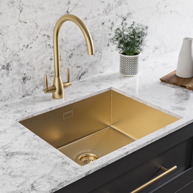 Single Bowl Brushed Brass Stainless Steel Undermount Kitchen Sink & Brass Kitchen Mixer Tap - Enza Tamara