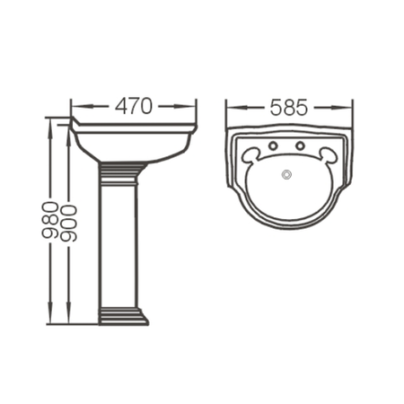 Traditional Square 2 Tap Hole Sink - 585mm Wide