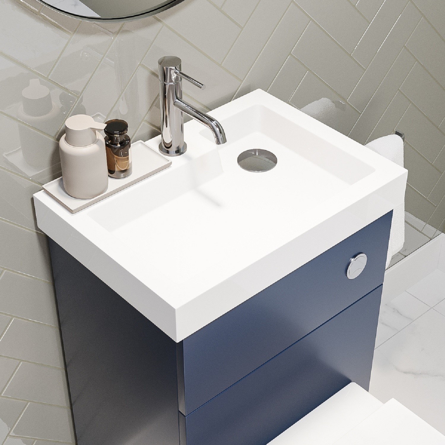 500mm Blue Cloakroom Toilet and Sink Unit with Square Toilet and Chrome