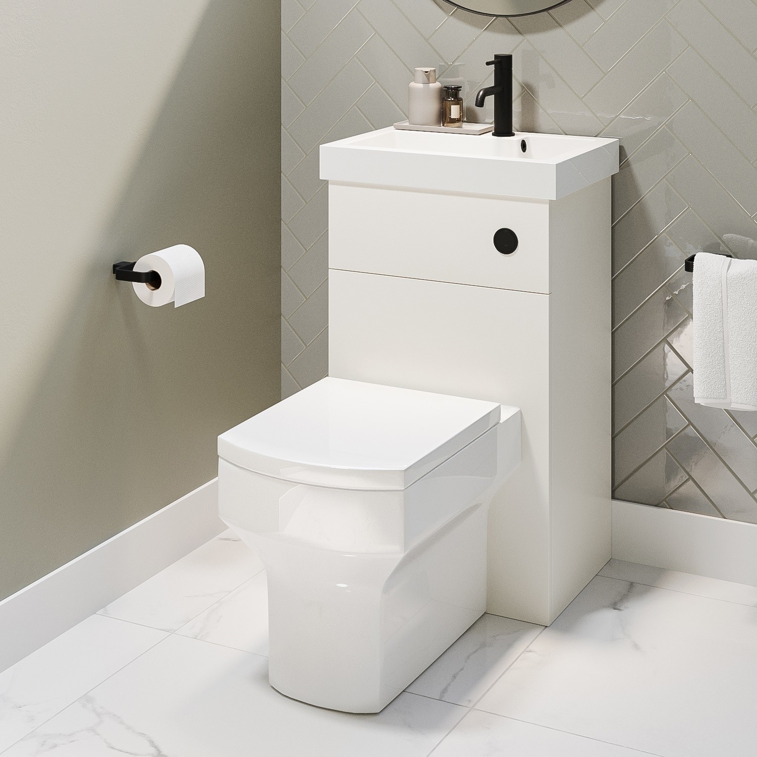 500mm White Cloakroom Toilet and Sink Unit with Square Toilet and Black
