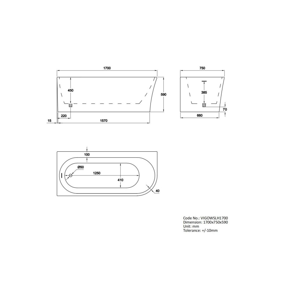Freestanding Shower Bath Single Ended Left Hand Corner with Matt Black Bath Screen 1700 x 750mm - Vigo