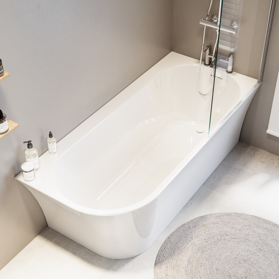 Freestanding Shower Bath Single Ended Right Hand Corner with Chrome Bath Screen 1700 x 750mm - Vigo