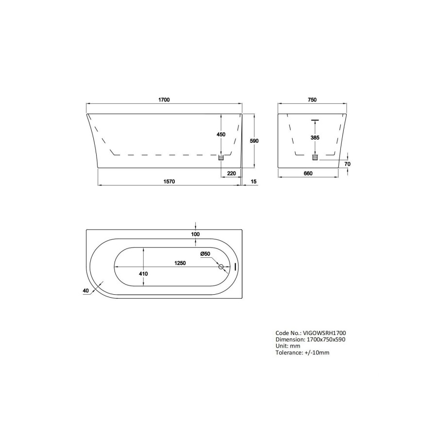 Freestanding Shower Bath Single Ended Right Hand Corner with Chrome Bath Screen 1700 x 750mm - Vigo