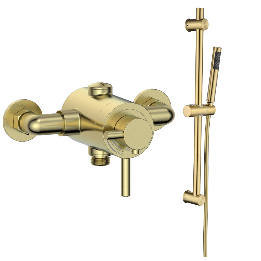 Brushed Brass 1 Outlet Thermostatic Shower Set with Exposed Valve  - Volta