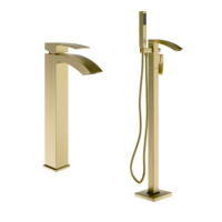 Brushed Brass Waterfall Tall Basin Mixer Tap & Freestanding Tap Pack - Wave Brushed Brass Waterfall Tall Basin Mixer Tap & Freestanding Tap Pack - Wave