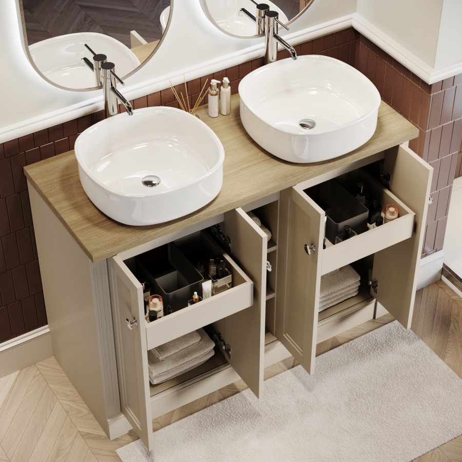 1200mm Beige Freestanding Double Countertop Vanity Unit with Basin and Wood Worktop - Windsor