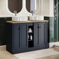 1200mm Blue Freestanding Double Countertop Vanity Unit with Basin and Wood Worktop - Windsor