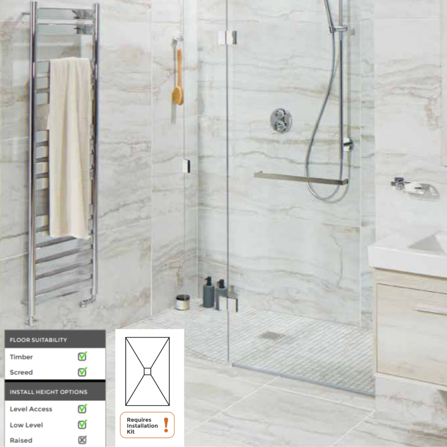1600x900mm Wet Room Tileable Shower Tray with Wet Room Install & Square Centre Waste Drainage Kit